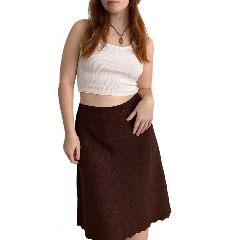 FANCY COLLECTION Knit Midi Skirt Textured Boho lettuce‎ hem in Mocha Mousse